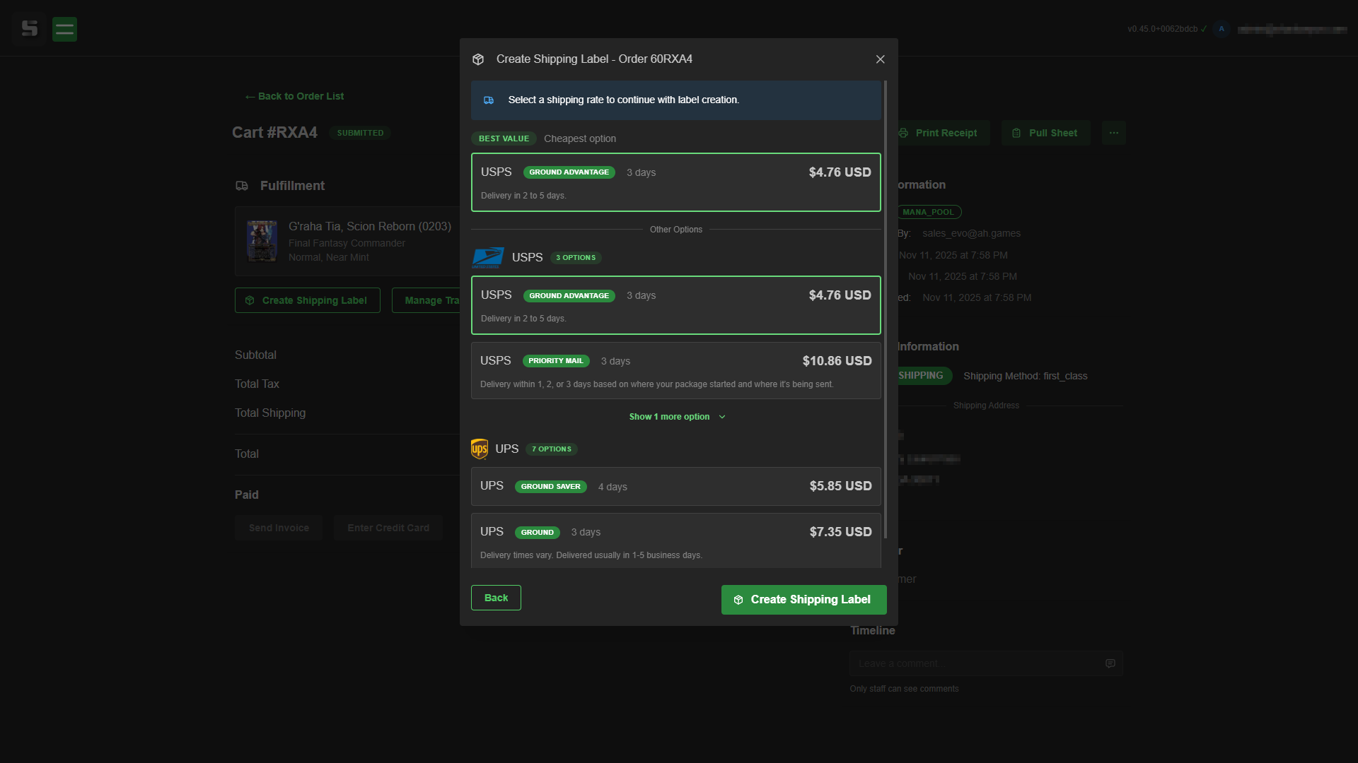 Create Shipping Label screenshot
