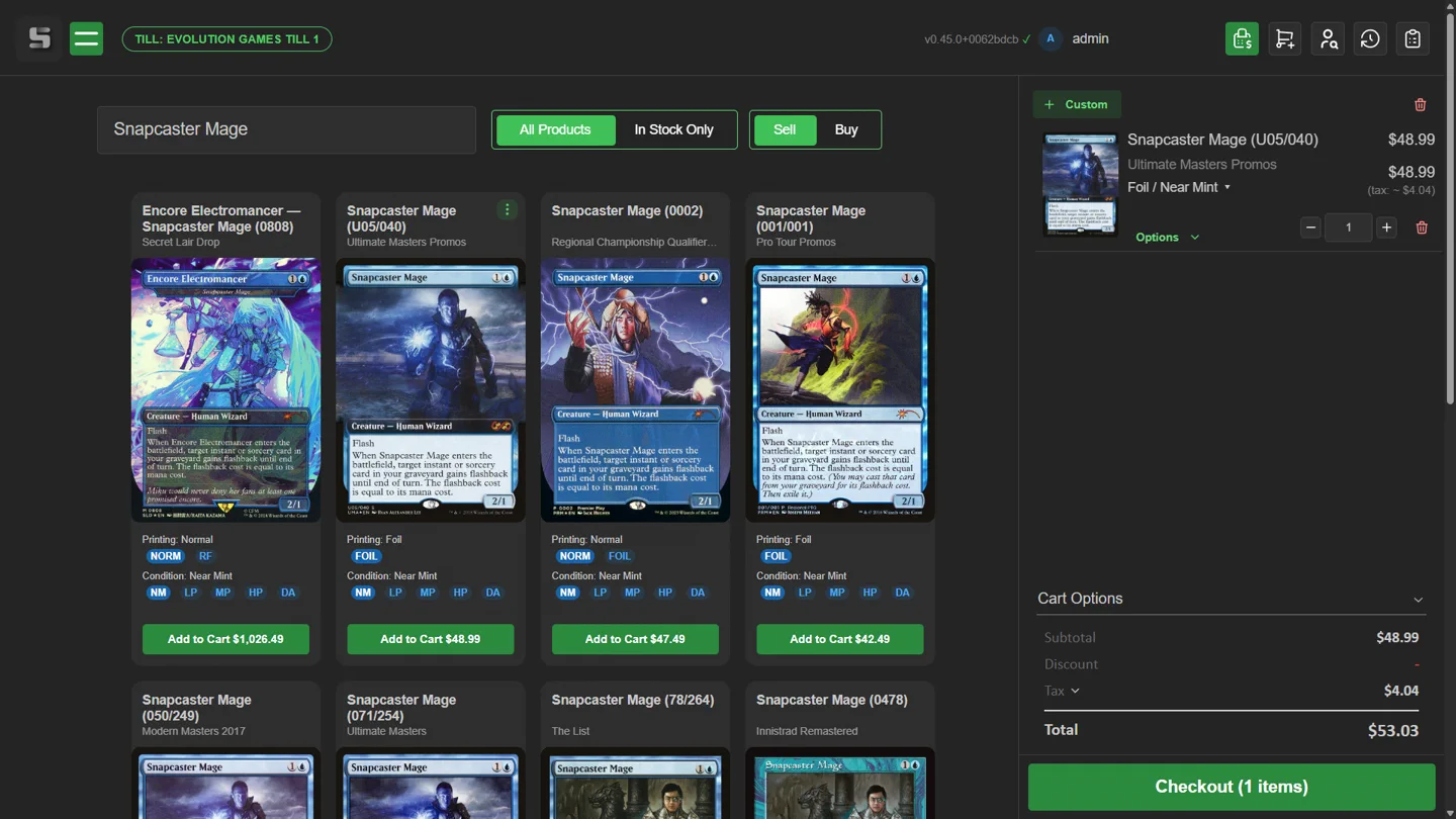 ShadowPOS point of sale software interface showing inventory management, TCG pricing, and sales dashboard for local game stores
